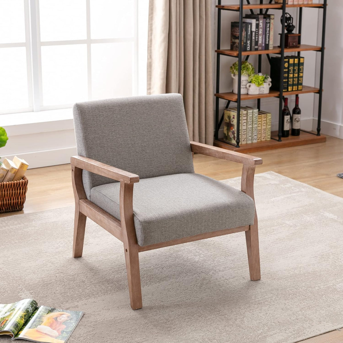 Mid Century Modern Accent Chair Set of 2, Linen Upholstered Living Room Accent Armchair with Wood