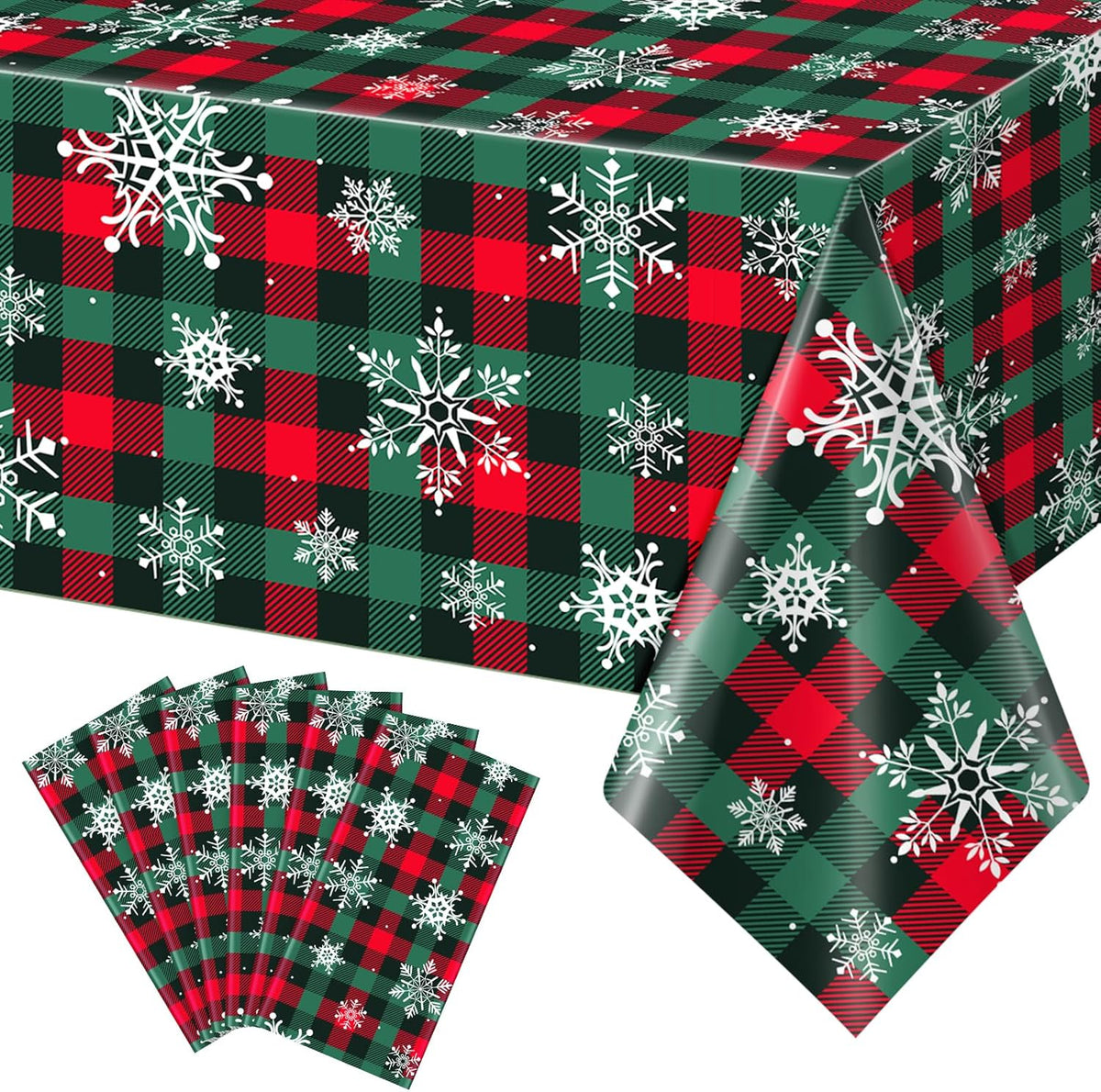 6Pcs Christmas Buffalo Plaid Snowflake Party Tablecloths Decorations,Plastic Red and Green