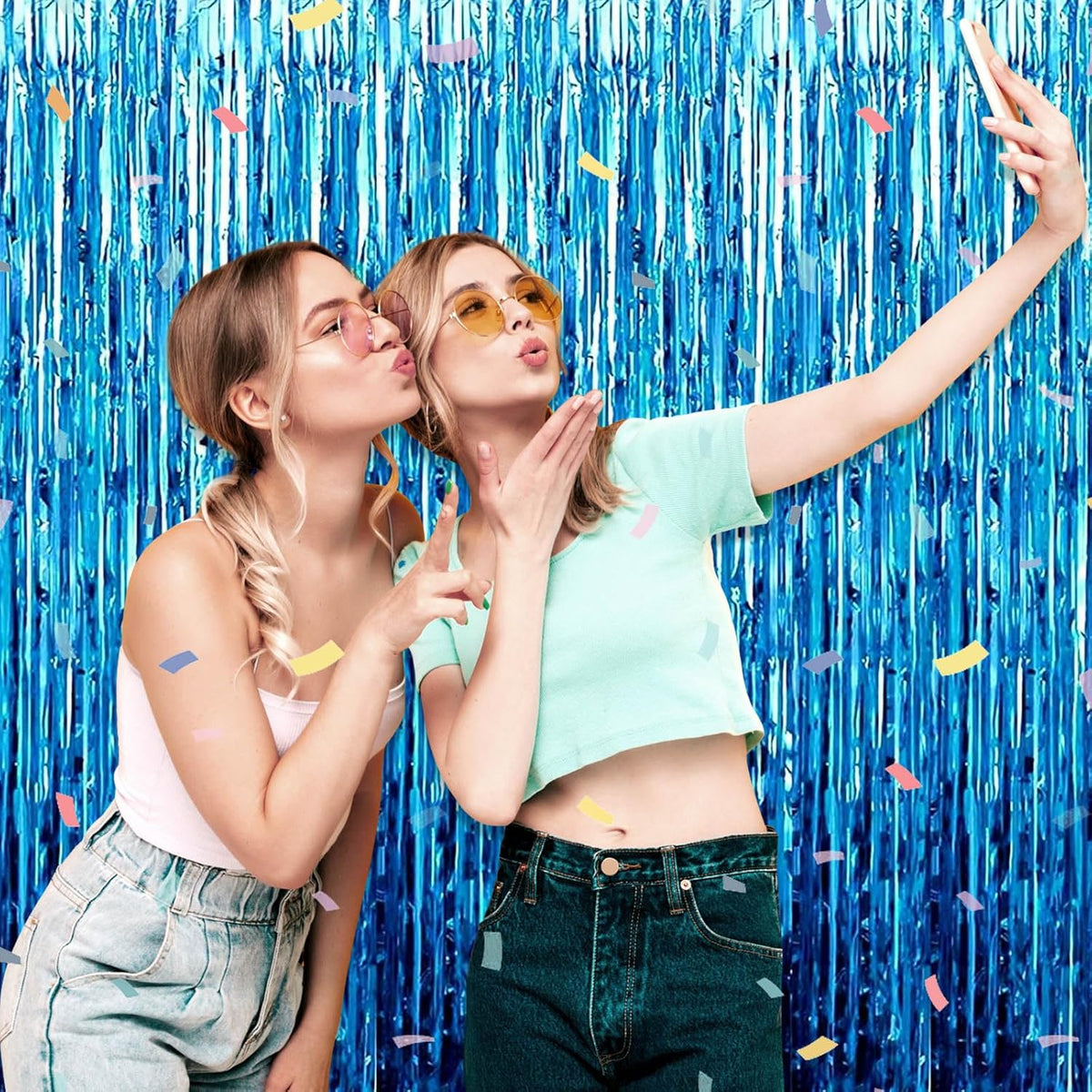 3 Pack Lake Blue Foil Fringe Curtain Backdrop, 3.28Ft x 8.2Ft Metallic Tinsel Foil Fringe Streamer
