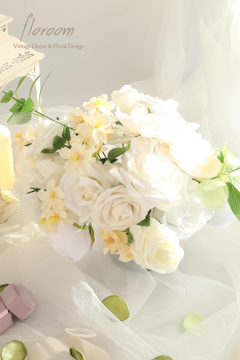 Floroom Cream White Artificial Flowers Ivory Fake Roses Peonies Dahlias and Greenery Combo Box Set