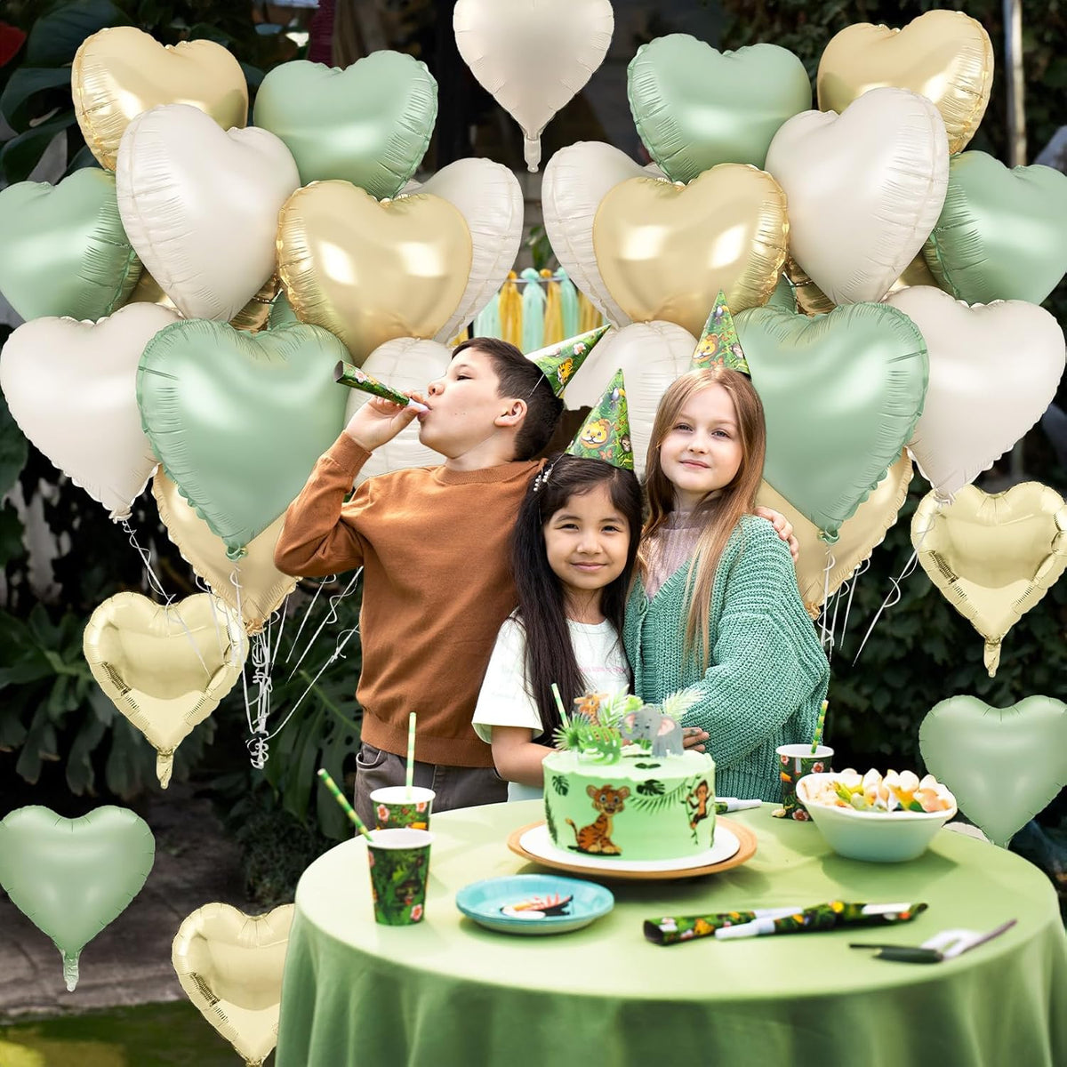 Sage Green Gold Heart Balloons, 12PCS Green Gold Heart Shaped Foil Balloons, 18Inch Green Cream