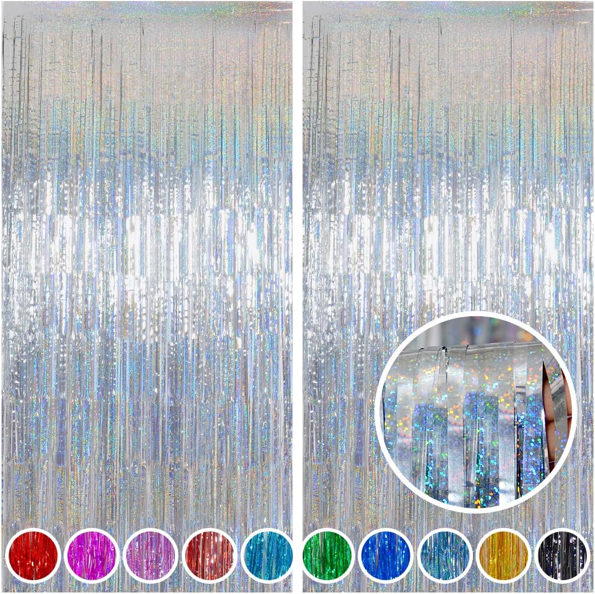 Melsan Foil Curtain, 2 Pack 3.2 ft x 8.2 ft Silver Tinsel Foil Fringe Curtains Backdrop, Sparkle