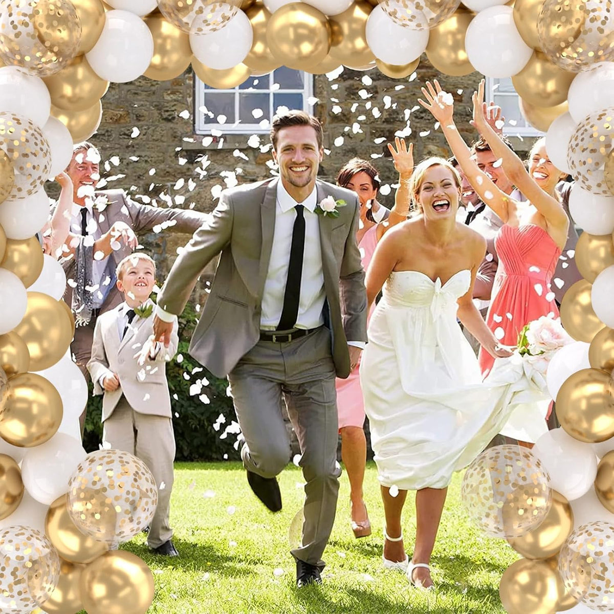 Patimate White and Gold Balloons Set, 50 pcs 12 inch Metallic Gold White Gold Confetti Latex