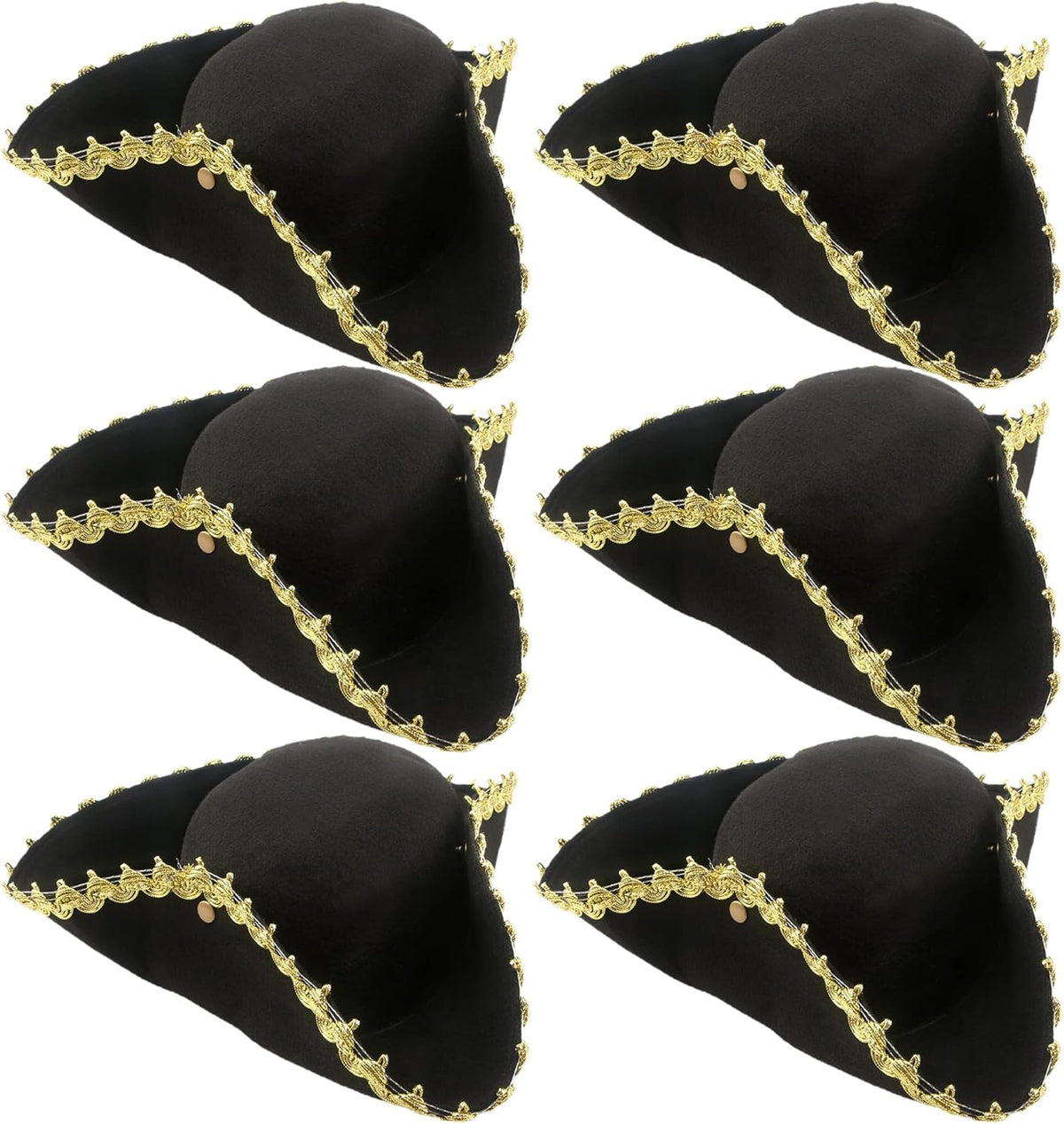 6 Pack Pirate Tricorn Hats Black Buccaneer Hat with Gold Trimming Pirate Captain Hat for Halloween