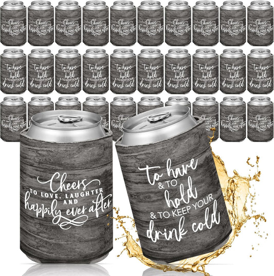50 Pieces Wood Grain Wedding Can Cooler Sleeves Bulk Engagement Party Favors for Guests Cheers to