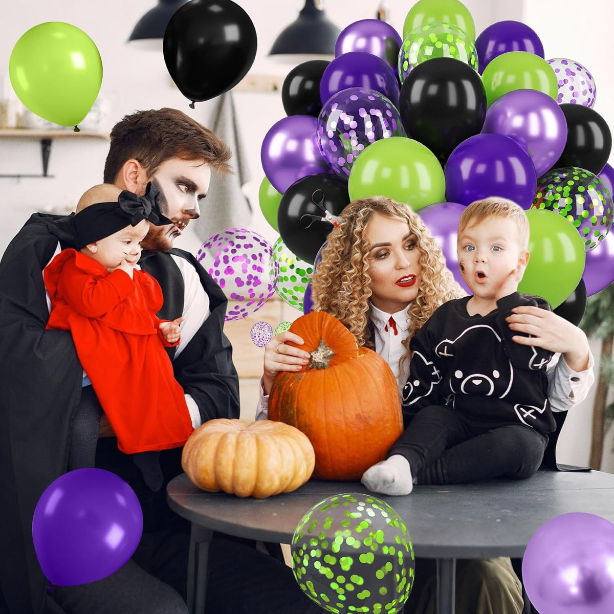 Purple Green Balloons, 12 Inch Halloween Balloons Set, Matte Black Fruit Green and Metallic Purple