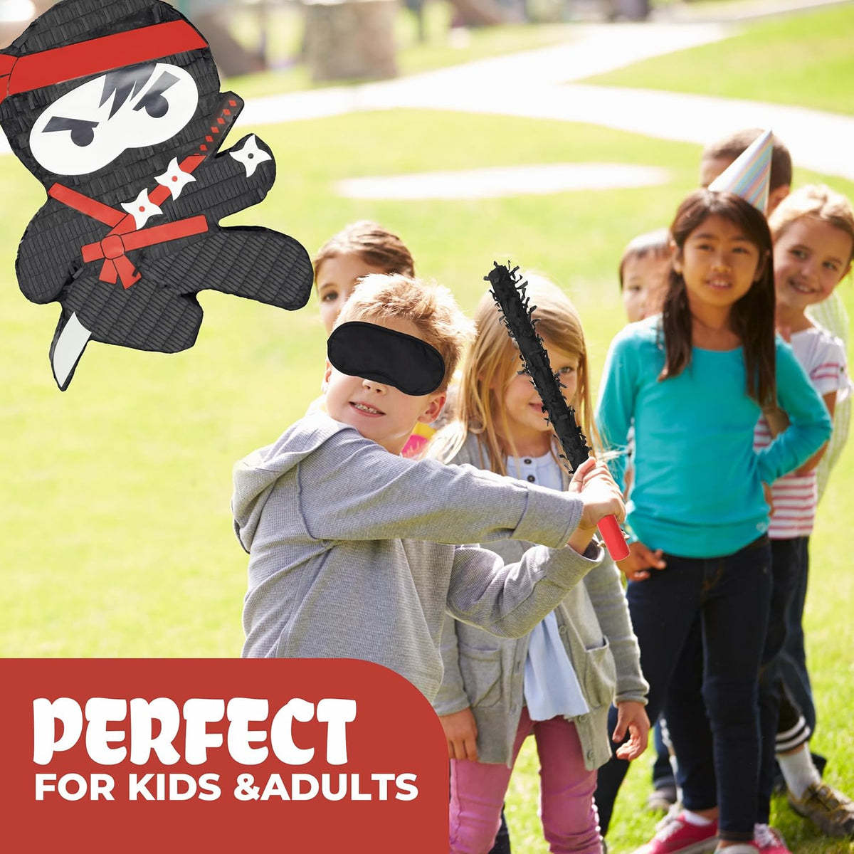 Ninja Pinatas Bundle with a Blindfold and Bat (16.5x12.6x4 Inches), Perfect for Birthday Parties