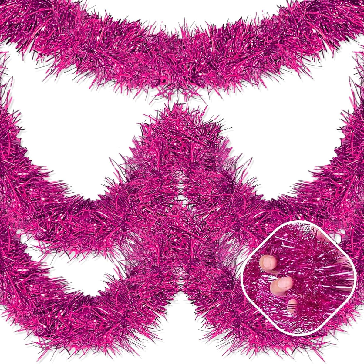 25 Feet Fuchsia Christmas Tinsel Garland, Metallic Foil Twist Garland Wall Hanging Tinsel Banner