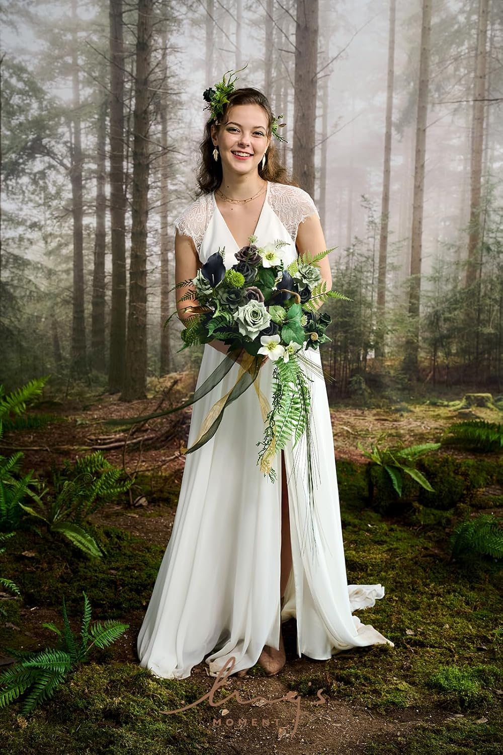 Ling's moment Forest Green Bridal Bouquet Cascading, Emerald Green Wedding Bouquets for Bride, 13