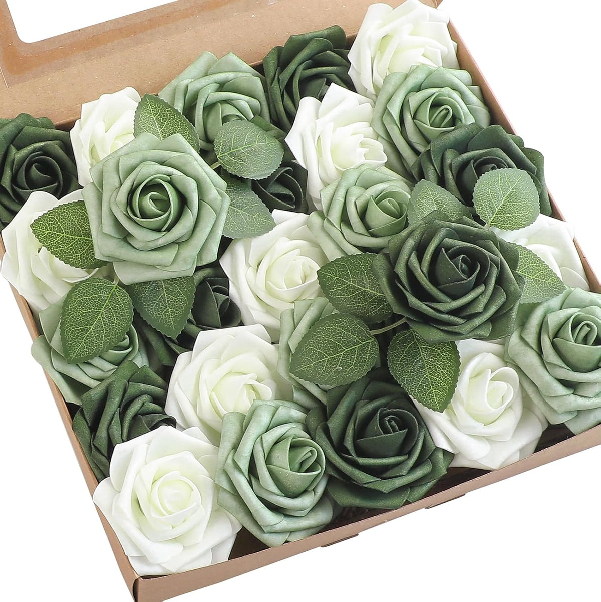 Floroom Artificial Flowers 25pcs Real Looking Sage Green & Emerald Green Foam Fake Roses with Stems
