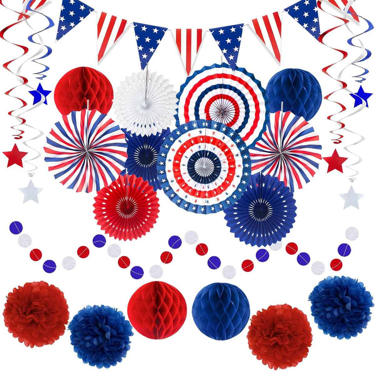 24PCS Patriotic Decorations 4th of July Decorations Set Red White Blue Hanging Paper Fans USA Flag