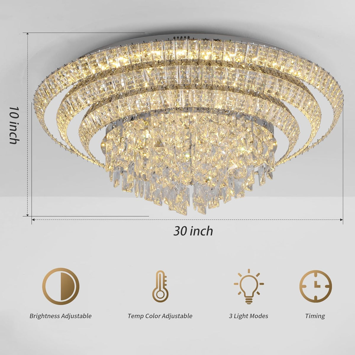30 inch Crystal Silver Ceiling-Light Flush Mount with Remote Control and APP, 3CCT Dimmable &