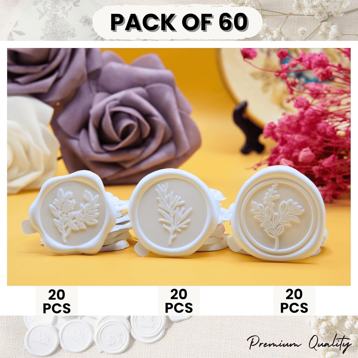 Wax Seal Stickers (60 Pcs, 3 Designs in 1 Pack) Premium Envelope Seal Stickers for Wedding