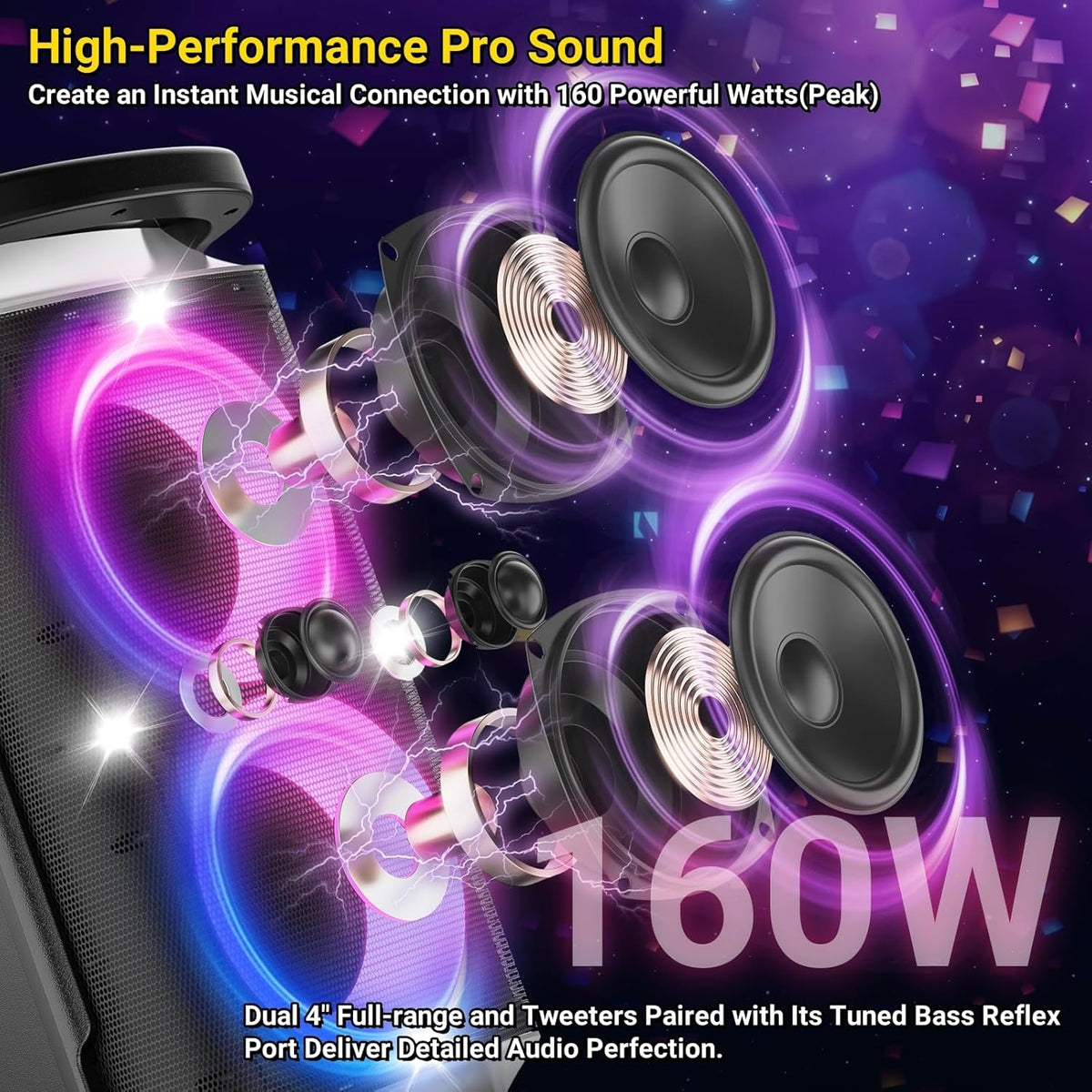 Portable Bluetooth Speaker: 160W Peak Powerful Loud Sound Deep Bass Wireless Boombox Large