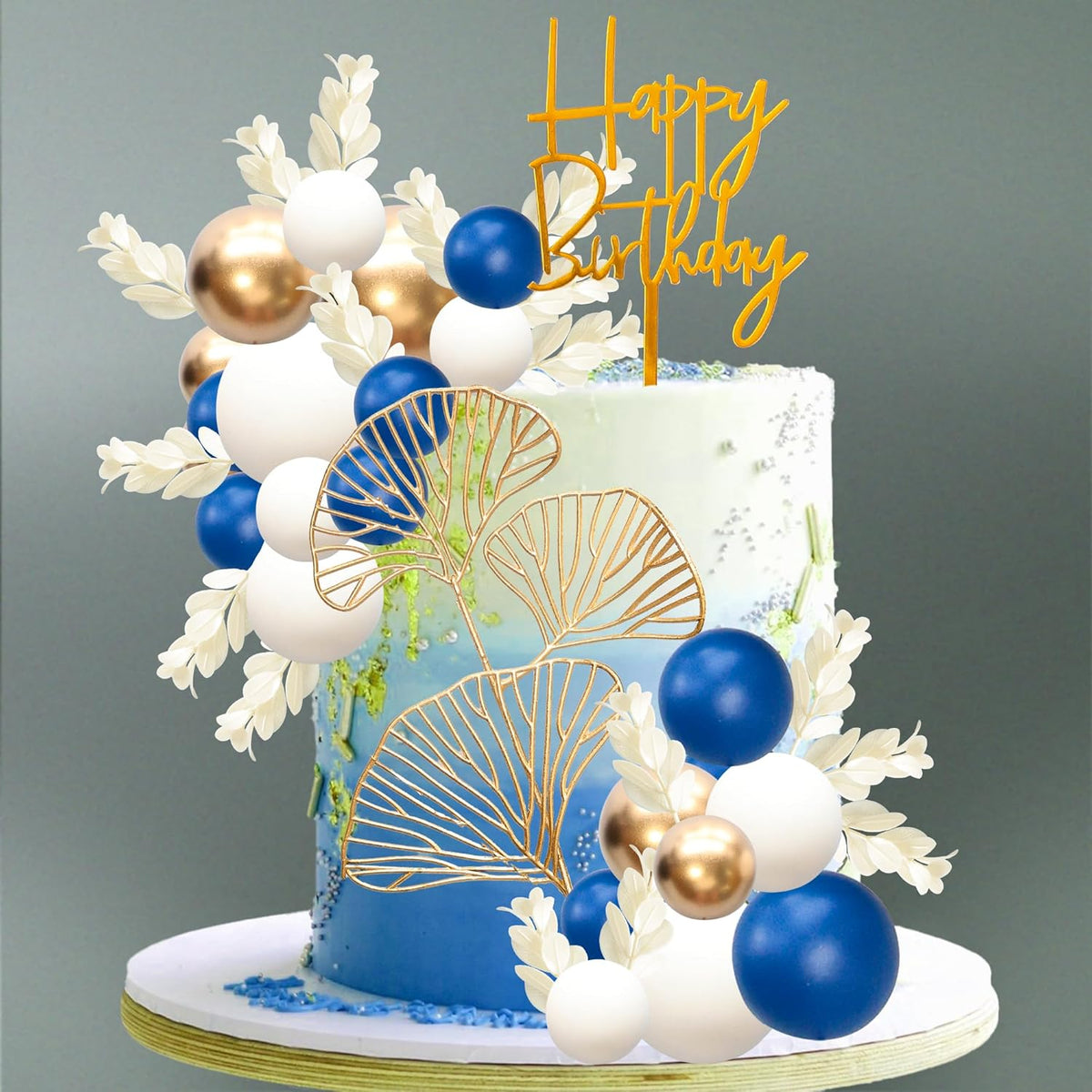Gyufise 57Pcs Balls Cake Topper Boho Grass Cake topper Pearl Balls Acrylic Happy Birthday Cake