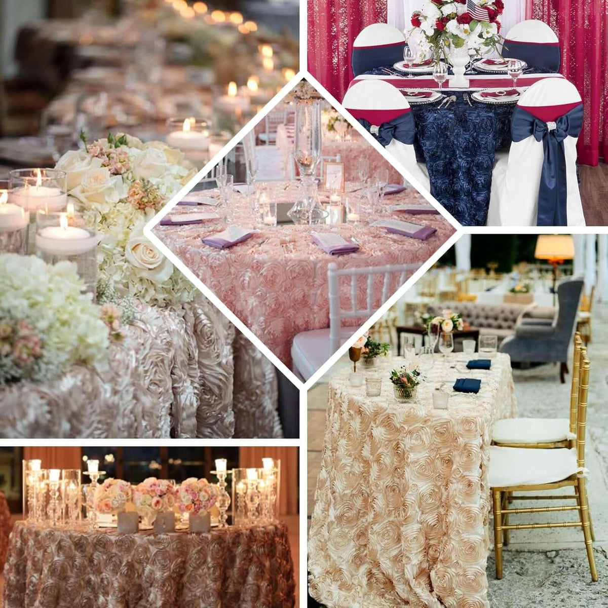 Efavormart 132" Wholesale Round Table Cover Ivory Grandiose Rosette 3D Satin Tablecloth for Wedding