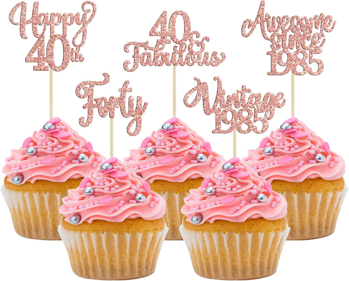 30Pcs Vintage 1985 Cupcake Toppers Glitter Forty 40 Fabulous Happy 40th Birthday Cupcake Picks