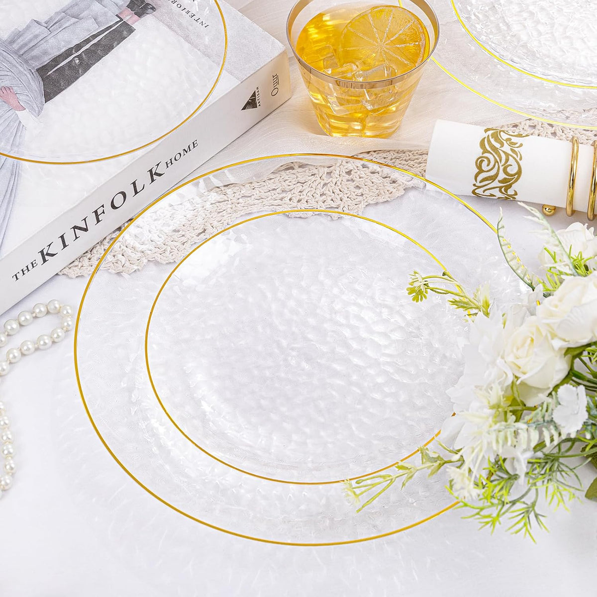 Rubtlamp 175 Pcs Plastic Dinnerware Set (25 Guests), Clear And Gold Plastic Plates, Hammered Party