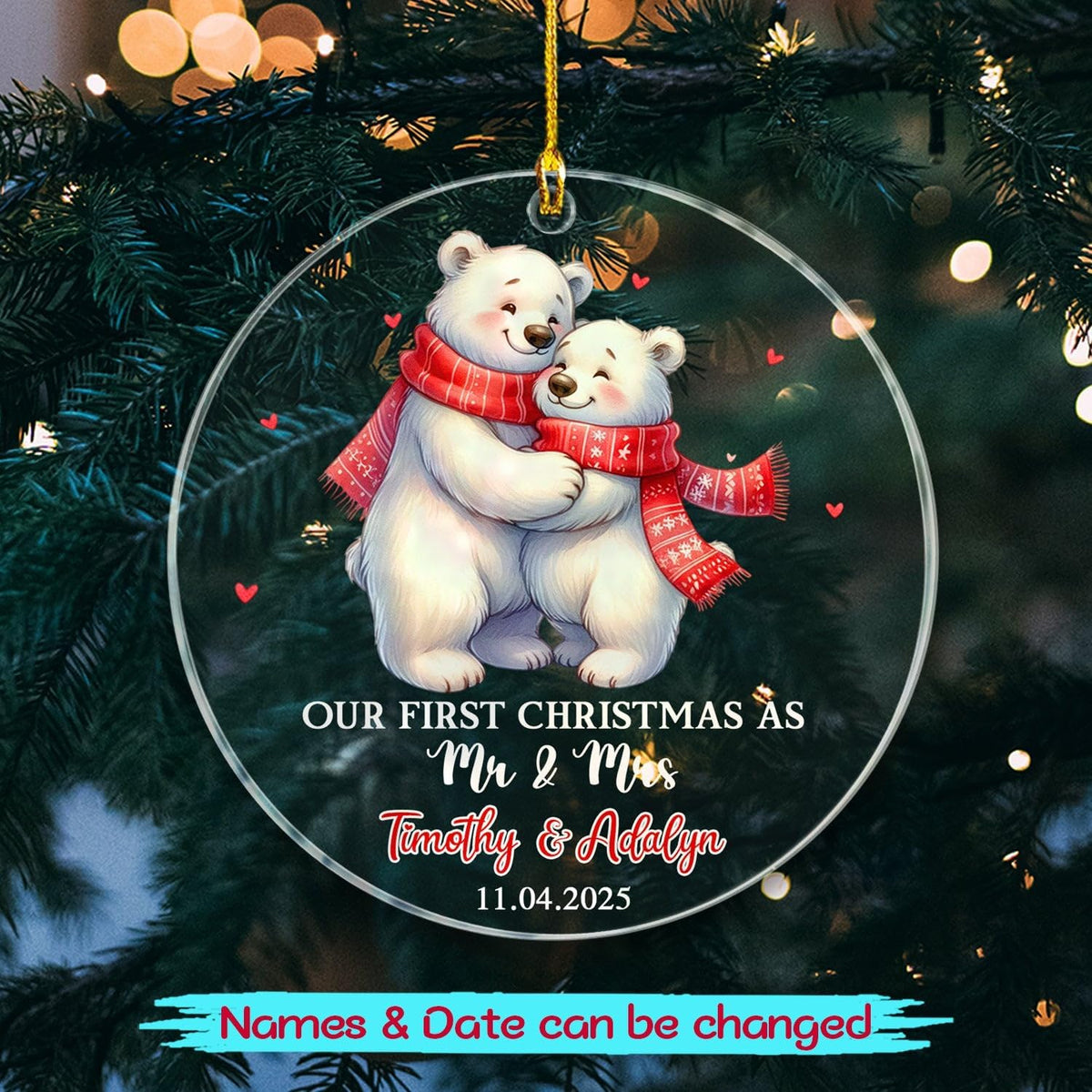Our First Christmas As Mr & Mrs Ornament, Personalized Date/Name Polar Bear Mr & Mrs Together