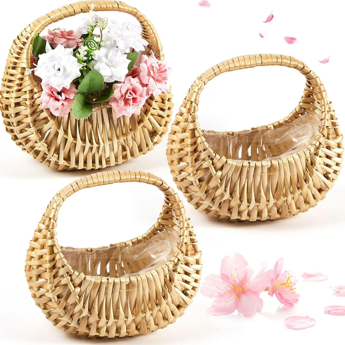 Taiyin 3 Pack Rattan Flower Girl Basket Small Half Moon Straw Wicker Basket with Handle Ideal for