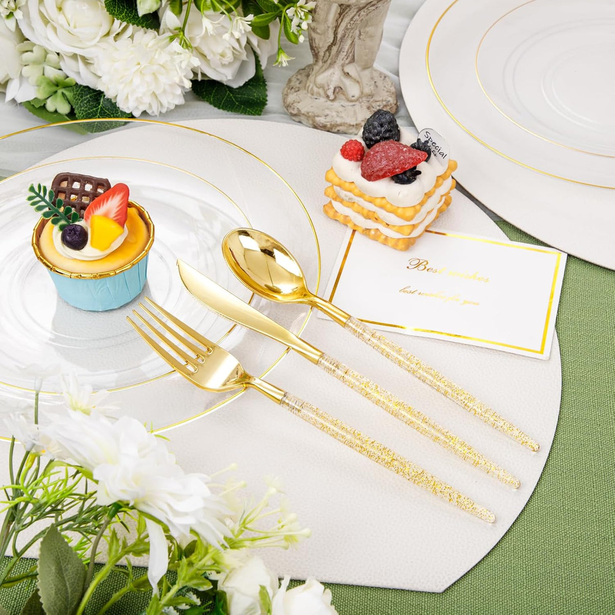 Liacere 150PCS Clear Gold Plastic Plates - Gold Plastic Silverware with Glitter Handle - Clear