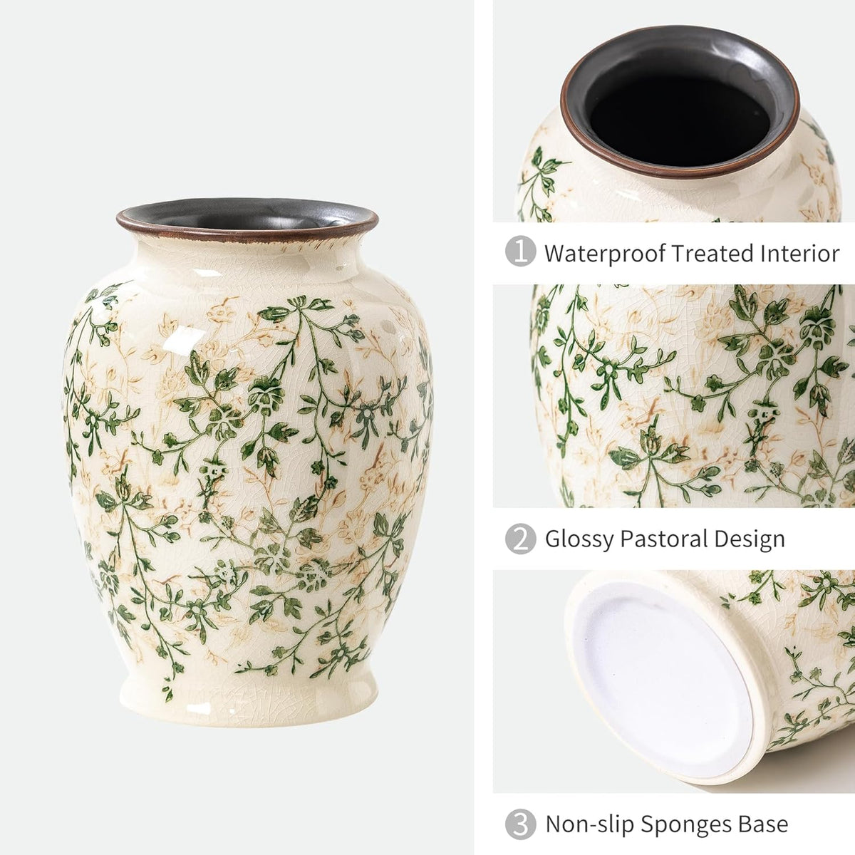 Vintage Green and Beige Vase, Round Ceramic Floral Vases, Retro Ice Cracked Chinoiserie Vase for