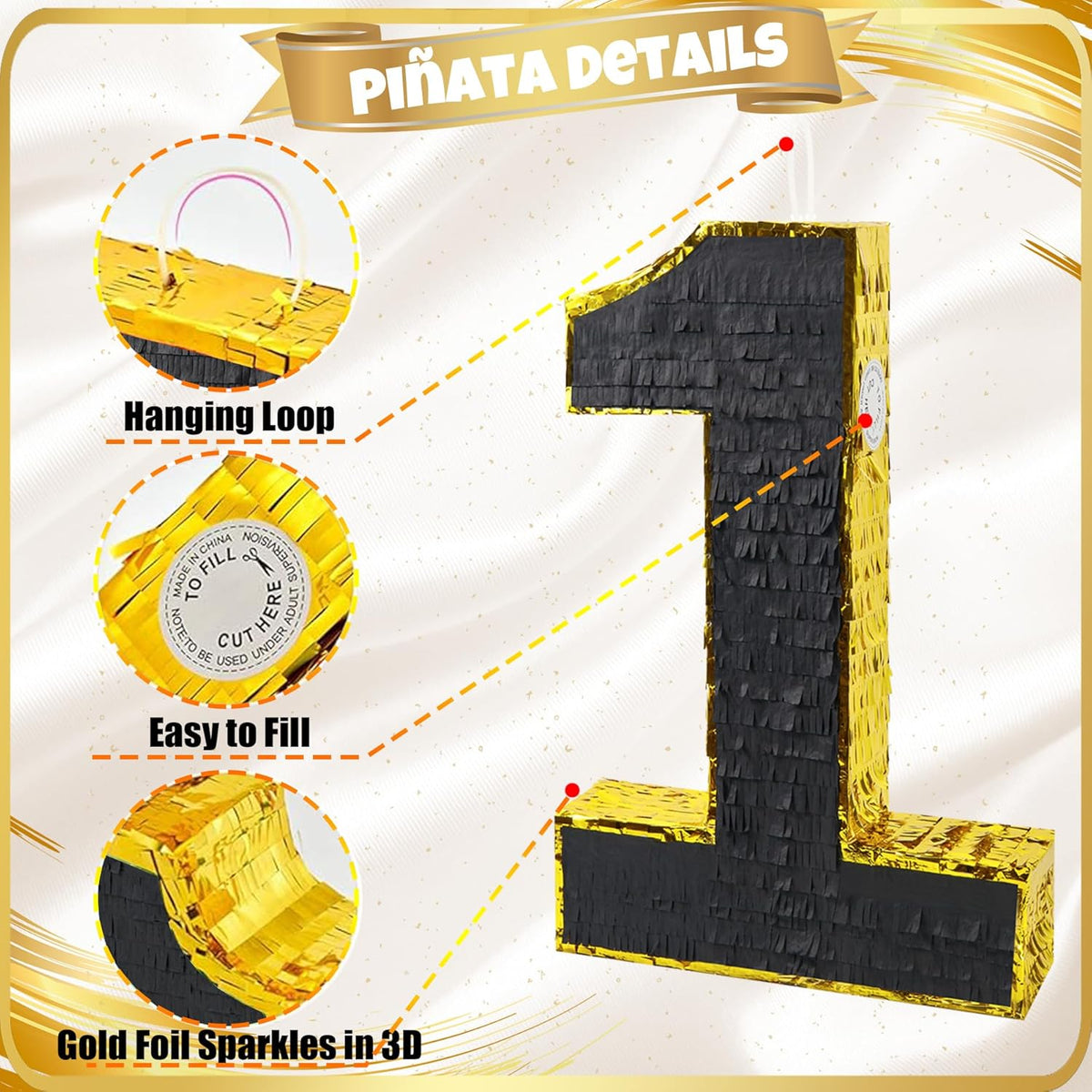PCFING 20 Inch Number 1 Piñata Gold Black with 30 Inch Piñata Stick Blindfold Confetti for Man