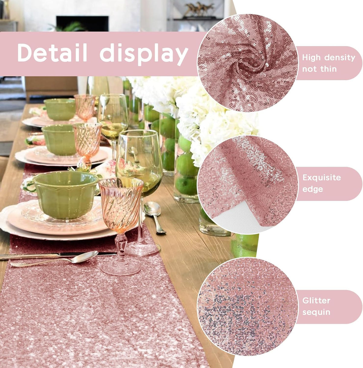10 Packs 12 x 72 inches Sequin Table Runner, Rose Gold Glitter Table Runner for Birthday Party