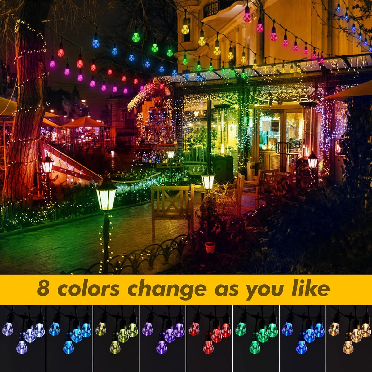 35FT Solar String Lights Outdoor, 11 Shatterproof LED Edison Bulbs, Dimmable RGB Color Changing