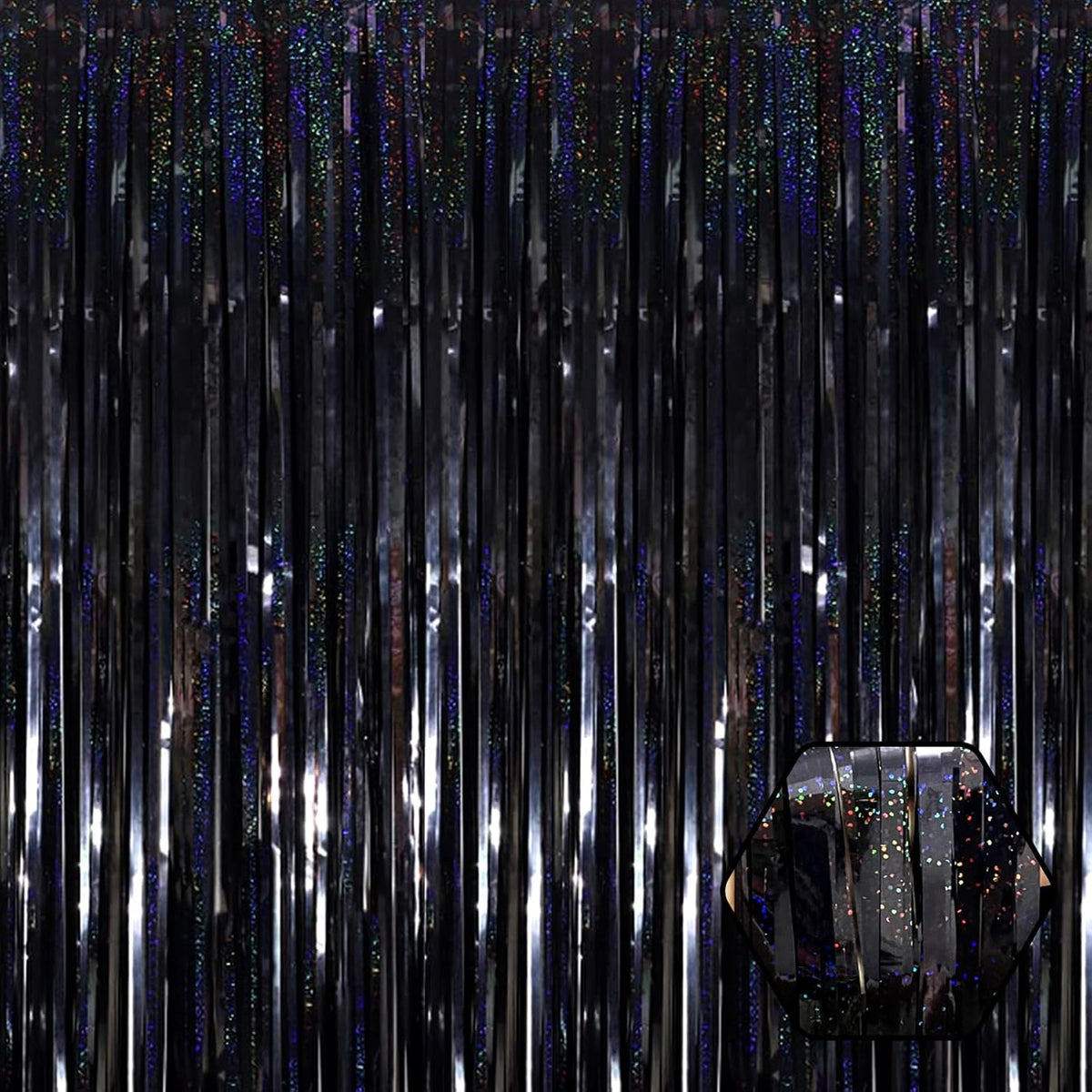 3 Pack Black Foil Fringe Curtain Backdrop, 3.28Ft x 8.2Ft Metallic Tinsel Foil Fringe Streamer