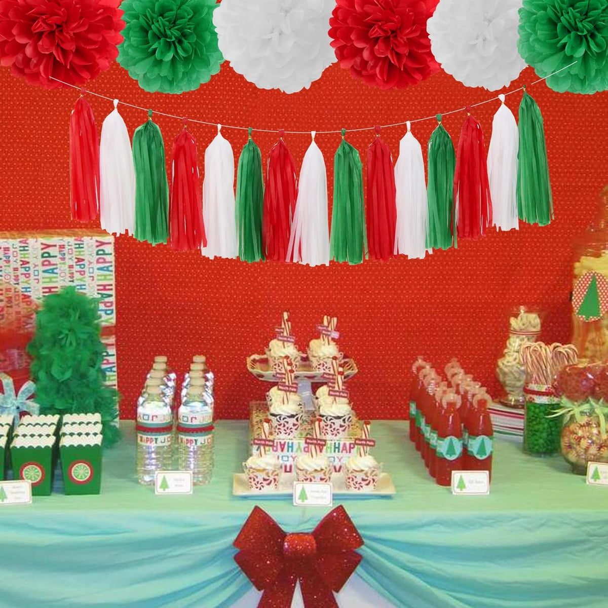 Red-Green White Christmas Party-Decorations Tassel-Garland -15pcs Mexico Italy Tassels Banner
