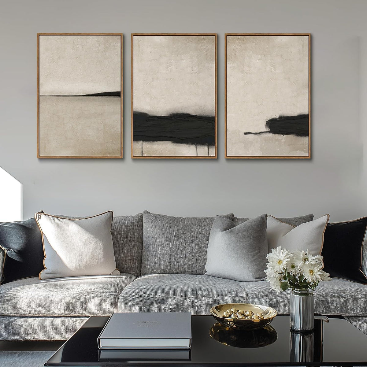 myusuar 3 Piece Large Modern Abstract Canvas Framed Wall Art For Living Room, Black And Beige