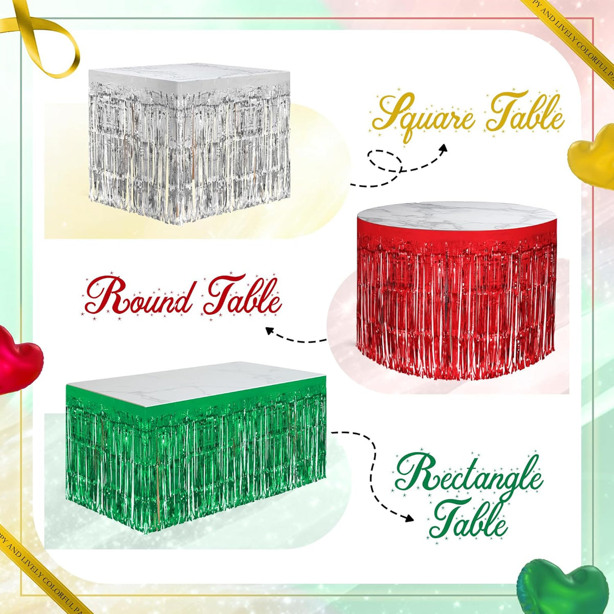 3 Pack Red Green Silver Table Skirts, 29x108" Metallic Foil Tinsel Fringe Table Skirt for Rectangle