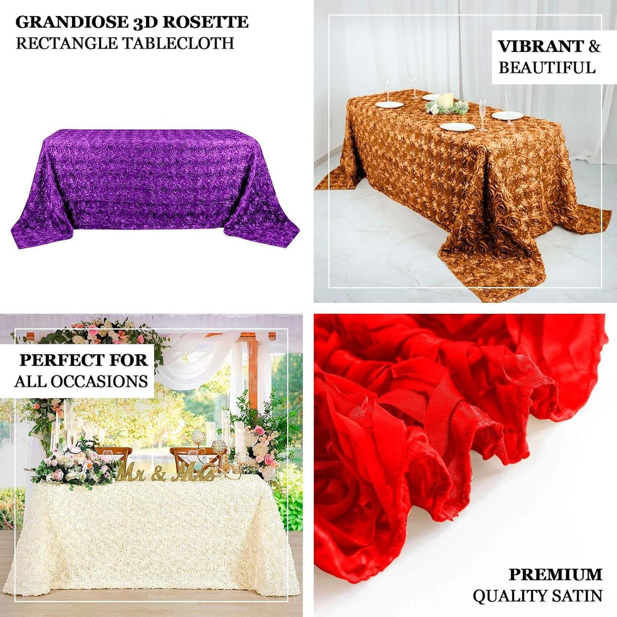 Efavormart 90"x132" Wholesale Rectangle Table Cover Fushia Grandiose Rosette 3D Satin Tablecloth