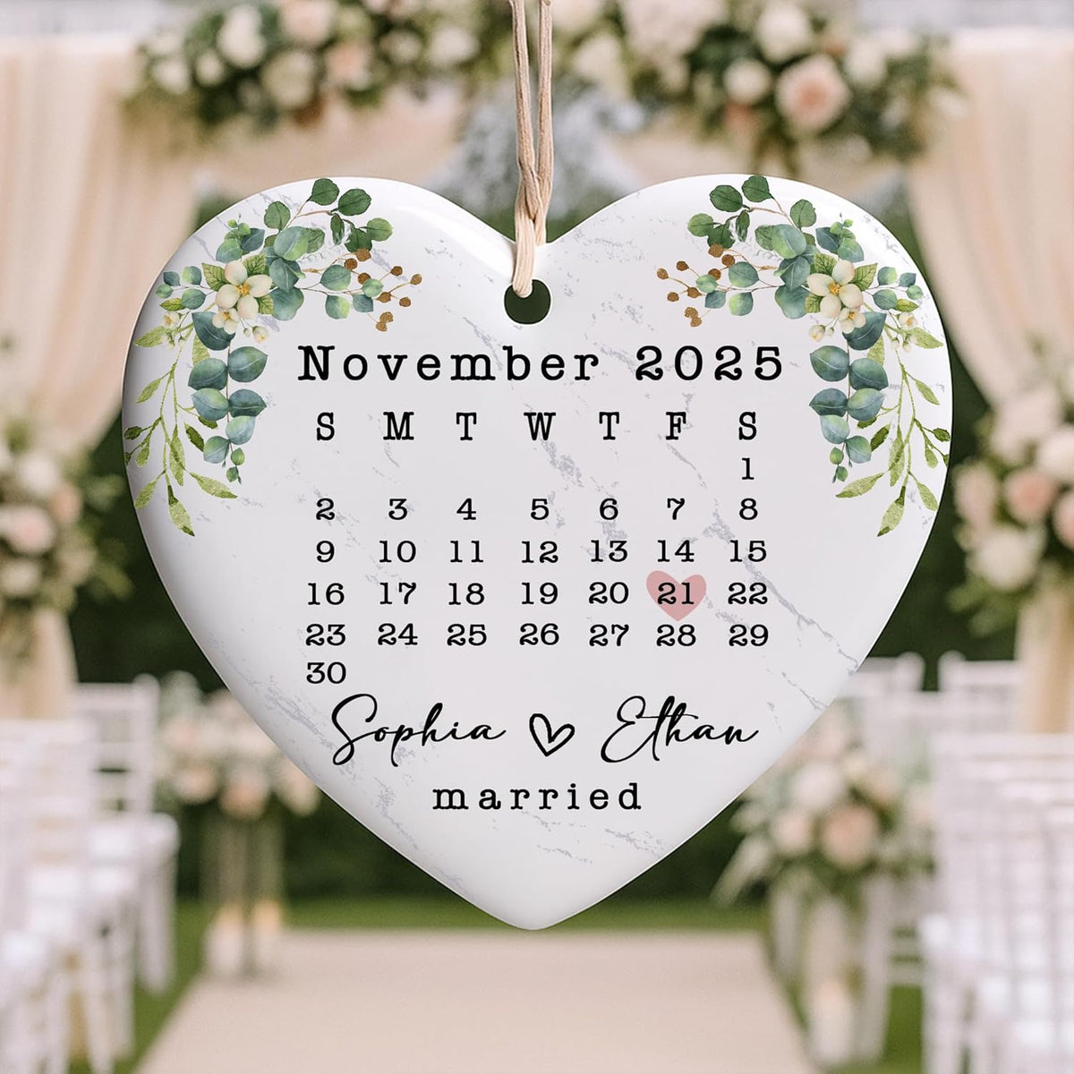 Love Signal Married Calendar Ceramic Ornament, Mr Mrs 2025 Ornaments Custom Name Date, Personalized