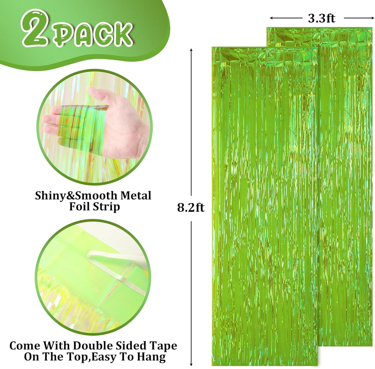 2 Pack 3.3x8.2 Feet Neon Green Foil Fringe Backdrop Curtains, Tinsel Streamers Birthday Party