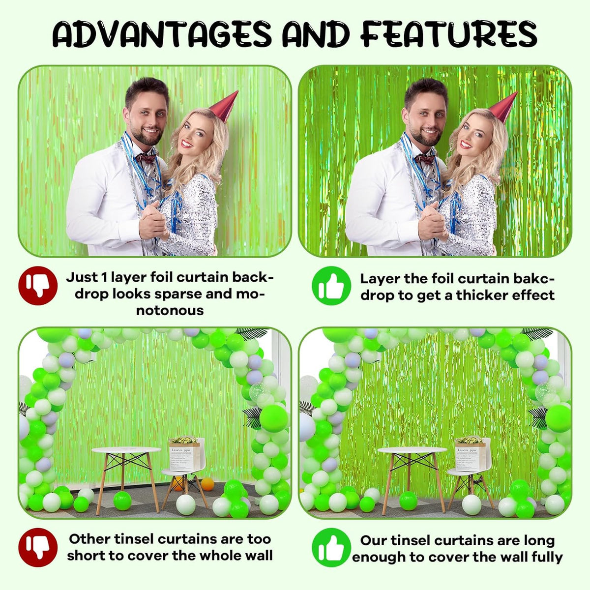 4 Pack 3.3x8.2 Feet Neon Green Foil Fringe Backdrop Curtains, Tinsel Streamers Birthday Party