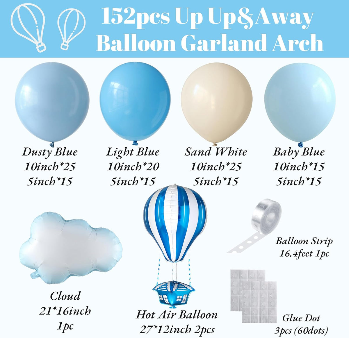 Up Up and Away Balloon Garland Arch Kit, 152pcs Dusty Slate Fog Baby Blue and Sand White Balloons