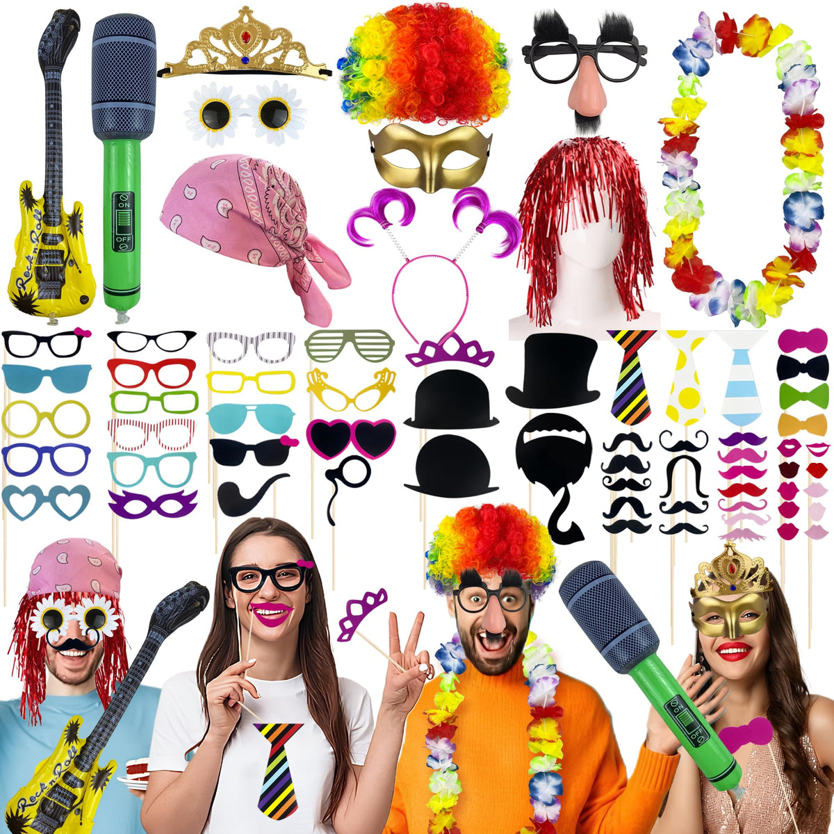 69PCS Colorful Photo Booth Props Set Novelty Funny Hats Wigs Glasses Props Sign Perfect for