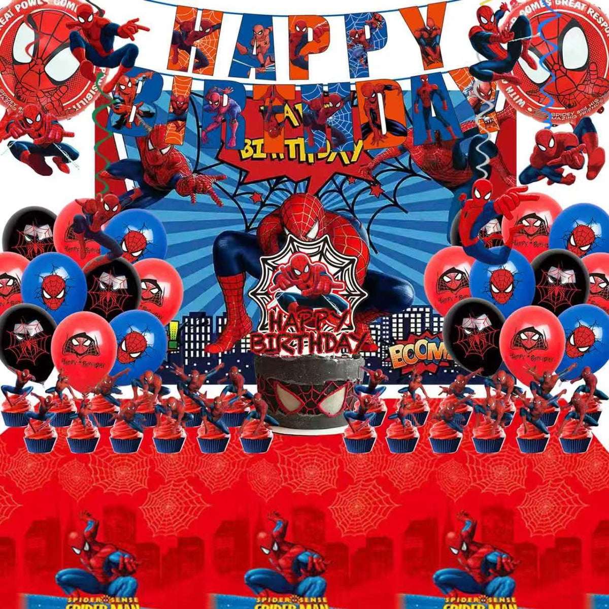 51PCS spidey birthday party supplies, backdrop, "Happy Birthday" banner,tablecloth, large aluminum