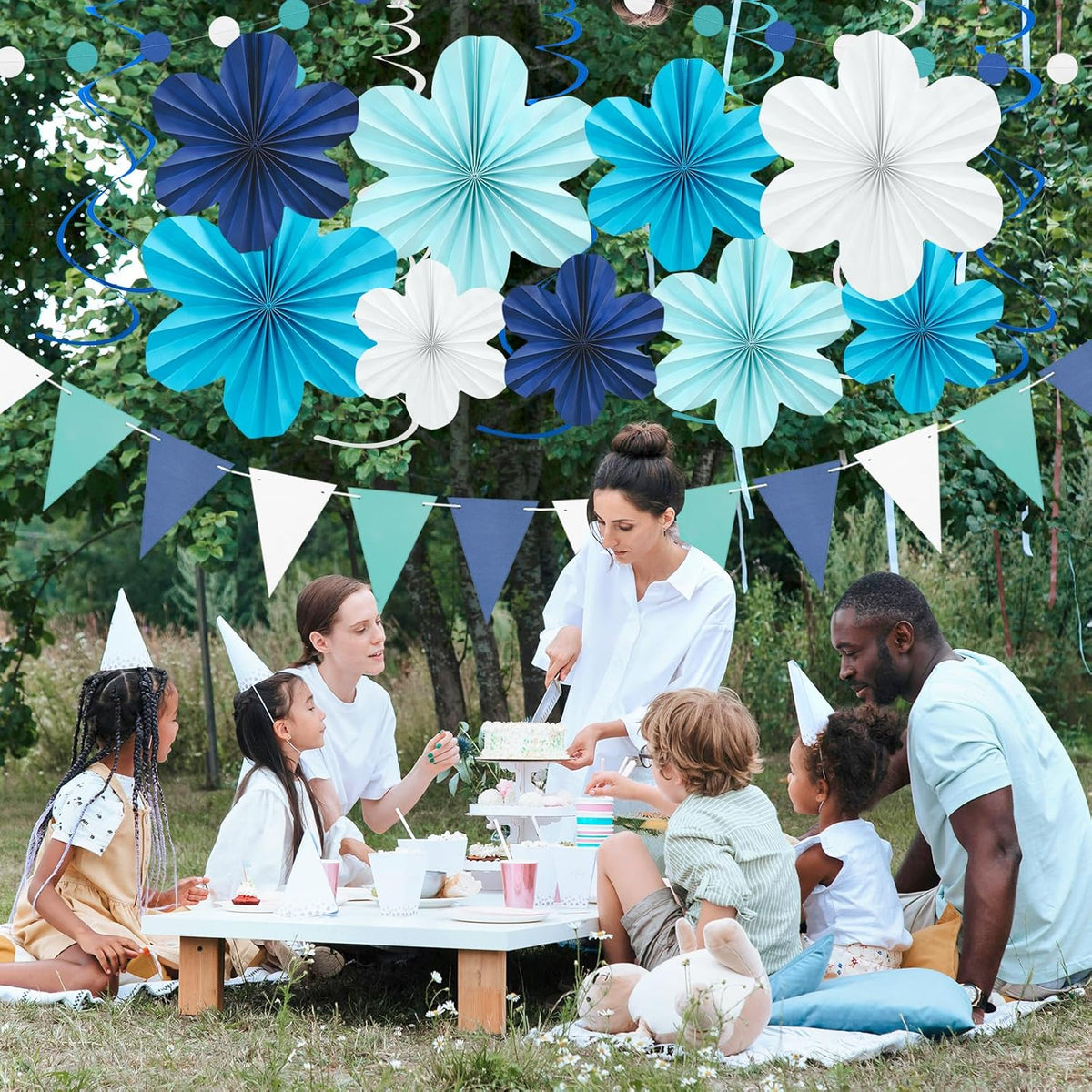 Navy Blue Party Decorations Set, 22 Pcs Hanging Paper Flowers, Tassel Garland & Swirls for