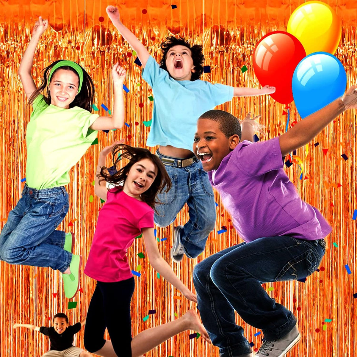 4 Pack Orange Foil Fringe Curtain Backdrop, 3.28Ft x 9.84Ft Metallic Tinsel Foil Fringe Streamers
