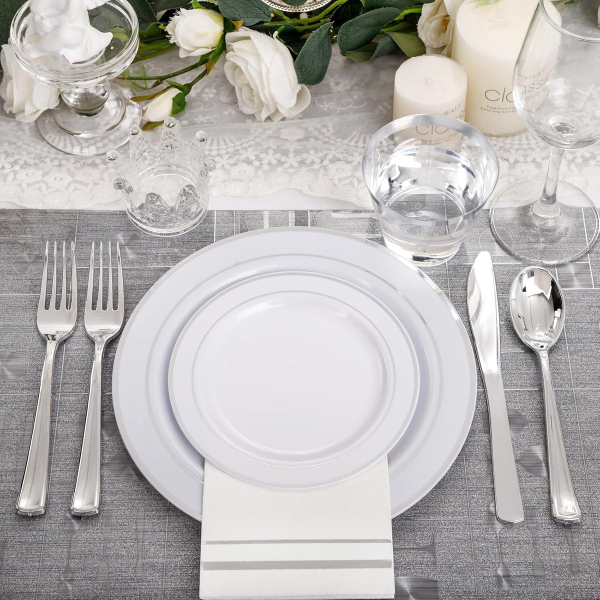 NOCCUR 700PCS Silver Plastic Plates Disposable for 100 Guests - Include 100 Dinner/Dessert White