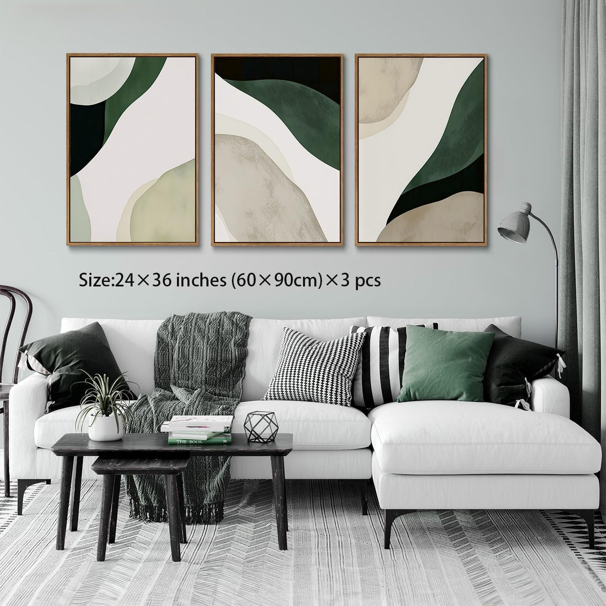 myusuar 3 Piece Large Modern Abstract Canvas Framed Wall Art For Living Room, Green Black White