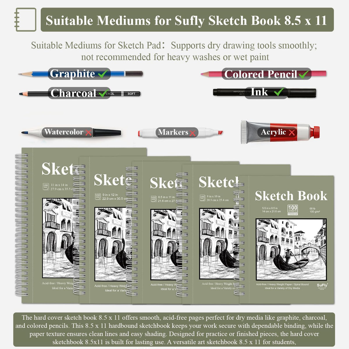 Sketch Book 8.5 x 11, Sketch Pad, Pack of 1 (68lb/100gsm), 100 Sheets Spiral Sketchbook, Acid Free