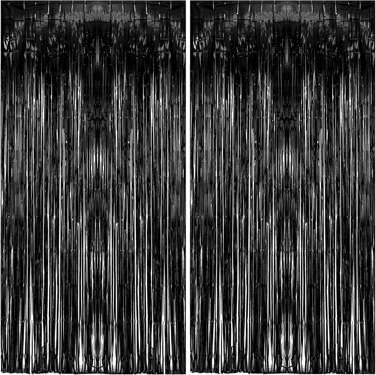 2 Pack Foil Curtain Backdrop Black Metallic Tinsel Foil Fringe Curtains Photo Booth Props for