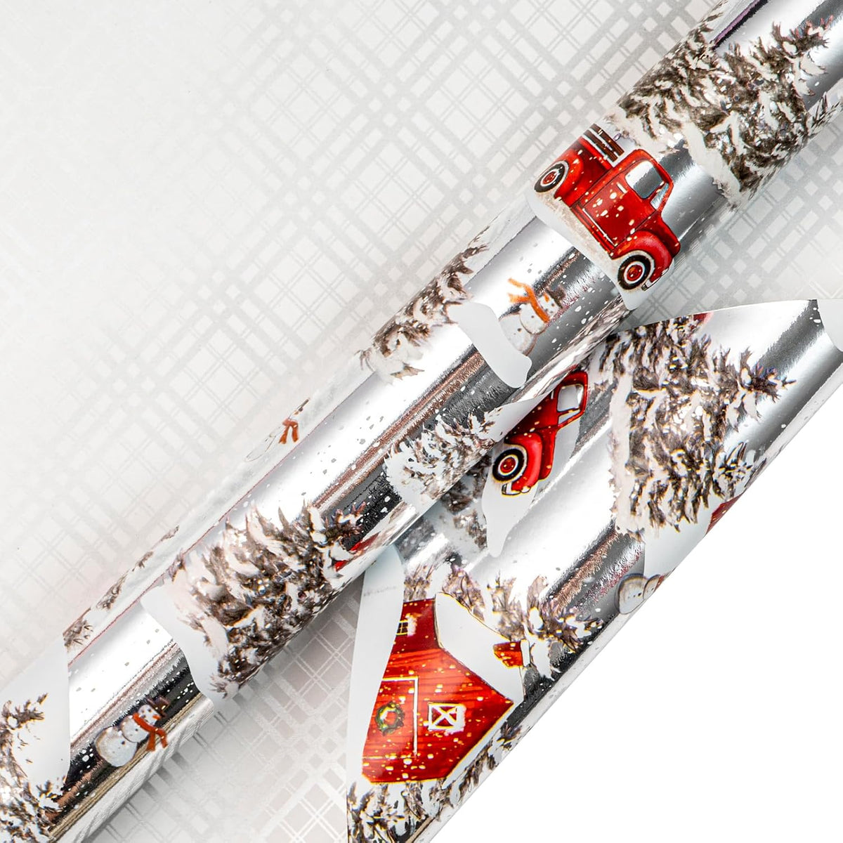 LeZakaa Christmas Silver Wrapping Paper Mini Roll for Boy Kid, Red Truck, Snowy Pine Forest & Grid