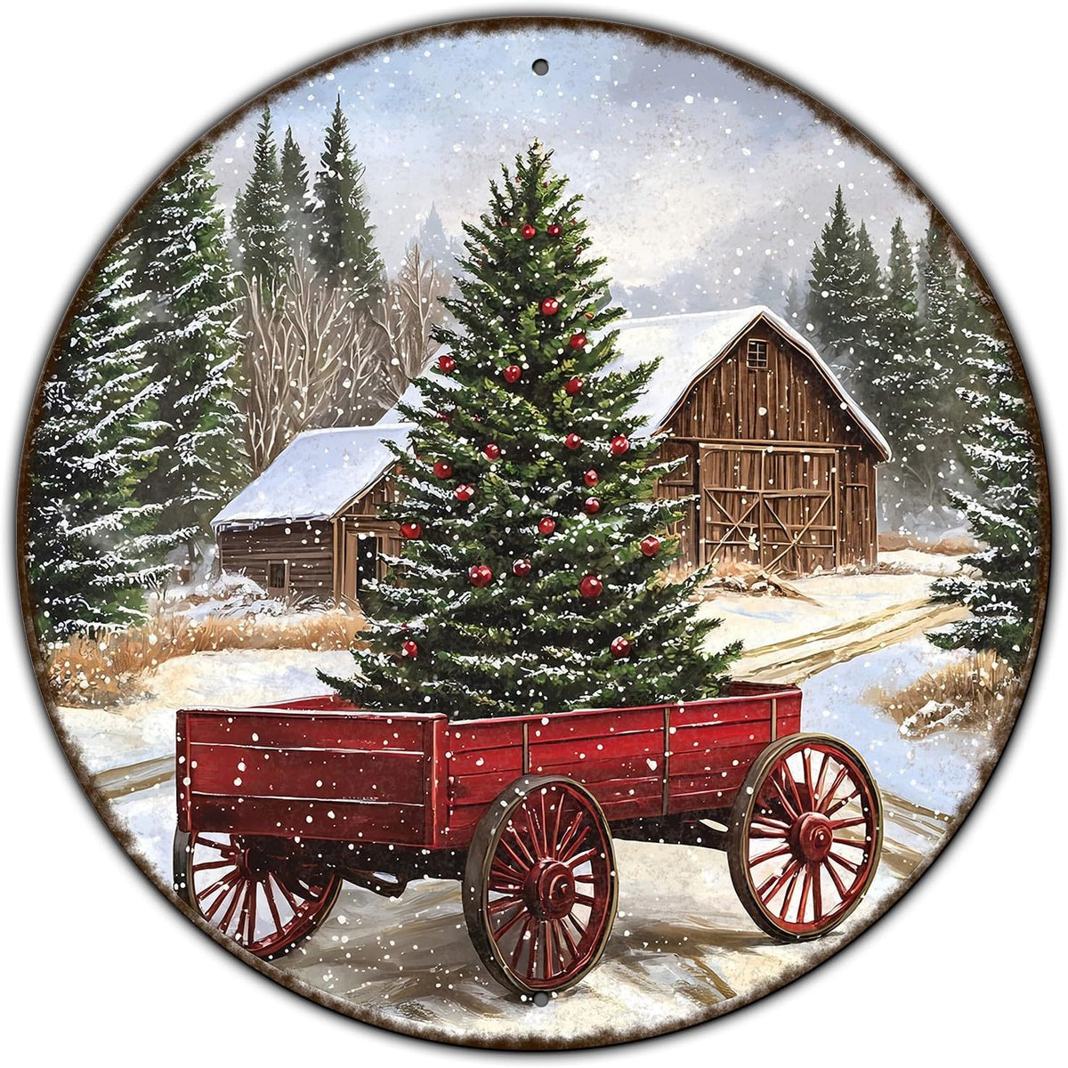 Round Barn Christmas Trees Metal Tin Sign Christmas Vintage Tin Sign Poster For Kitchen Cafe Bar