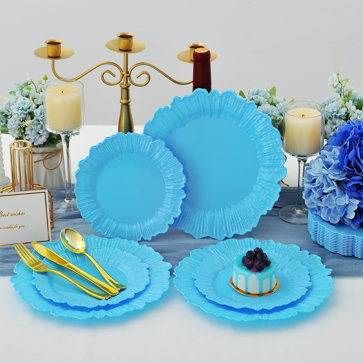 50 Pcs Blue Floral Plastic Plates, Fancy Disposable Plate, Heavy Duty Plastic Plates Set include 25