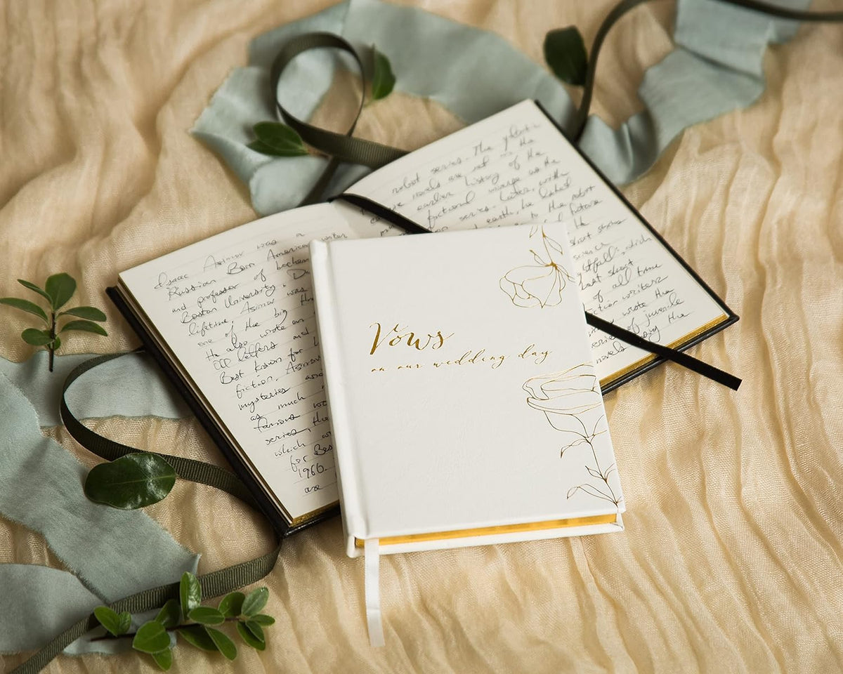 MUUJEE Vows On Our Wedding Day Vow Books (Set of 2) - Black and White Gold Foil Embossed Notebook